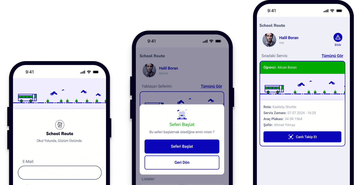 School Route uygulaması ekran görüntüleri - iPhone ve Android cihazlarda